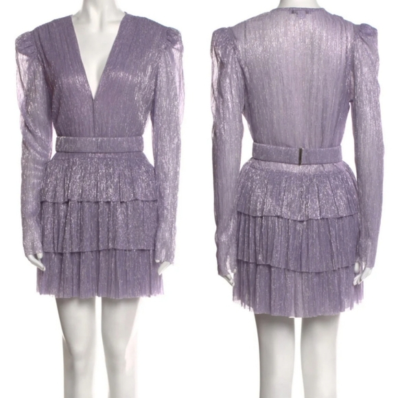 Sabina Musayev Carry Ruffled Mini Dress Metallic Foil V Neck Size XL Purple - Picture 5 of 11